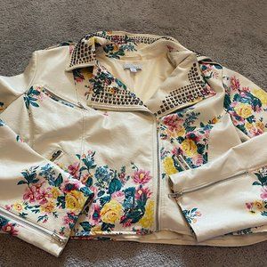 Ashley Nell Tipton Size 2x Studded Floral Faux Leather cropped Moto Jacket